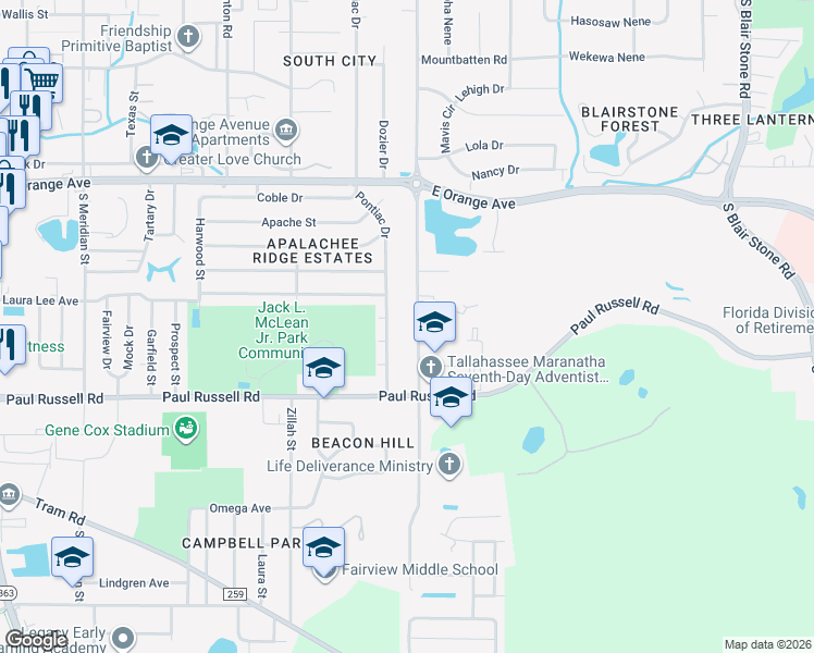map of restaurants, bars, coffee shops, grocery stores, and more near 3006b Jim Lee Road in Tallahassee
