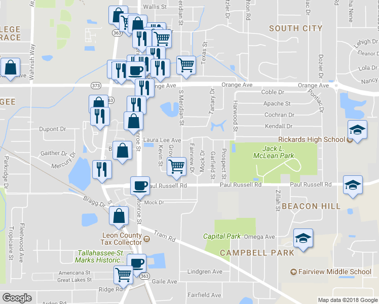 map of restaurants, bars, coffee shops, grocery stores, and more near 2921 Fairview Drive in Tallahassee