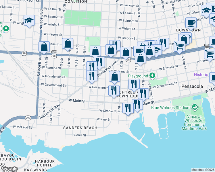 map of restaurants, bars, coffee shops, grocery stores, and more near 115 South E Street in Pensacola