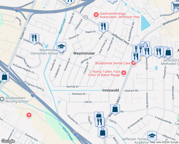 map of restaurants, bars, coffee shops, grocery stores, and more near 4399 Chelsea Drive in Baton Rouge