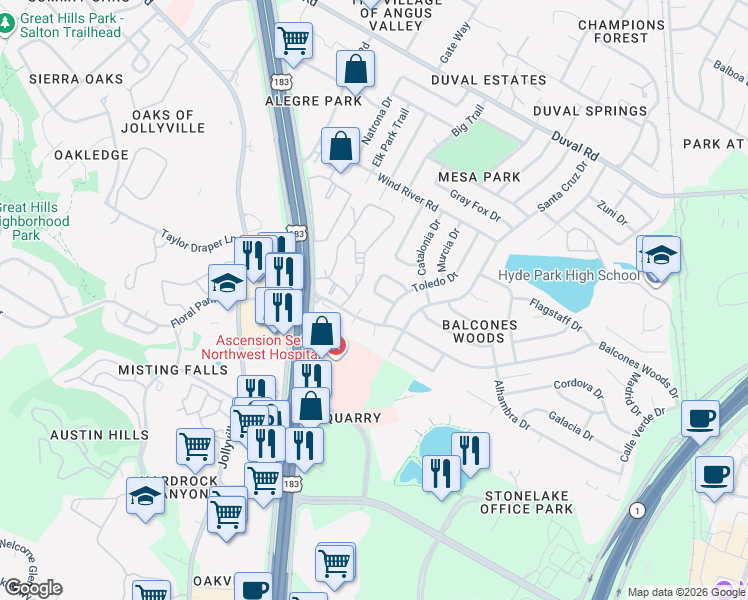 map of restaurants, bars, coffee shops, grocery stores, and more near 4802 Gerona Drive in Austin