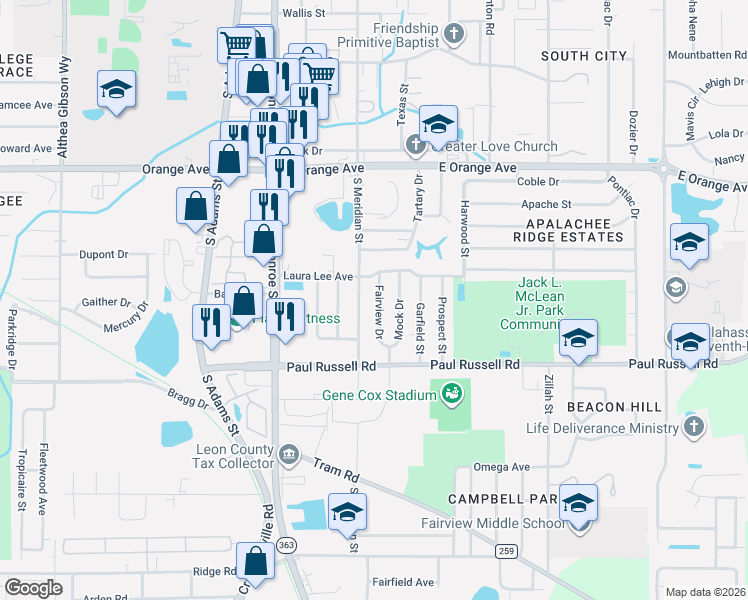 map of restaurants, bars, coffee shops, grocery stores, and more near 2921 Fairview Drive in Tallahassee