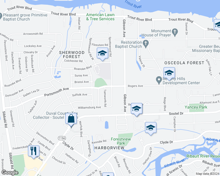 map of restaurants, bars, coffee shops, grocery stores, and more near 4311 Rogers Avenue in Jacksonville