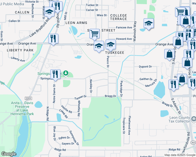 map of restaurants, bars, coffee shops, grocery stores, and more near 712 Stafford Street in Tallahassee