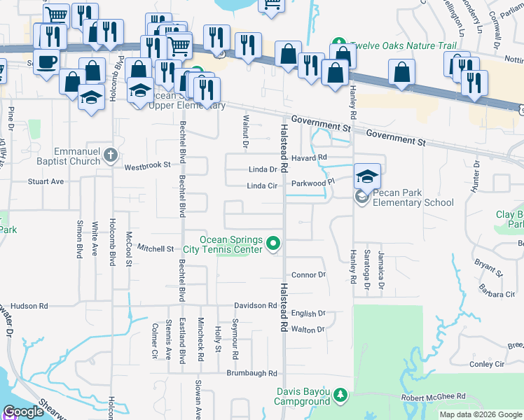 map of restaurants, bars, coffee shops, grocery stores, and more near 132 Earle Taylor Lane in Ocean Springs