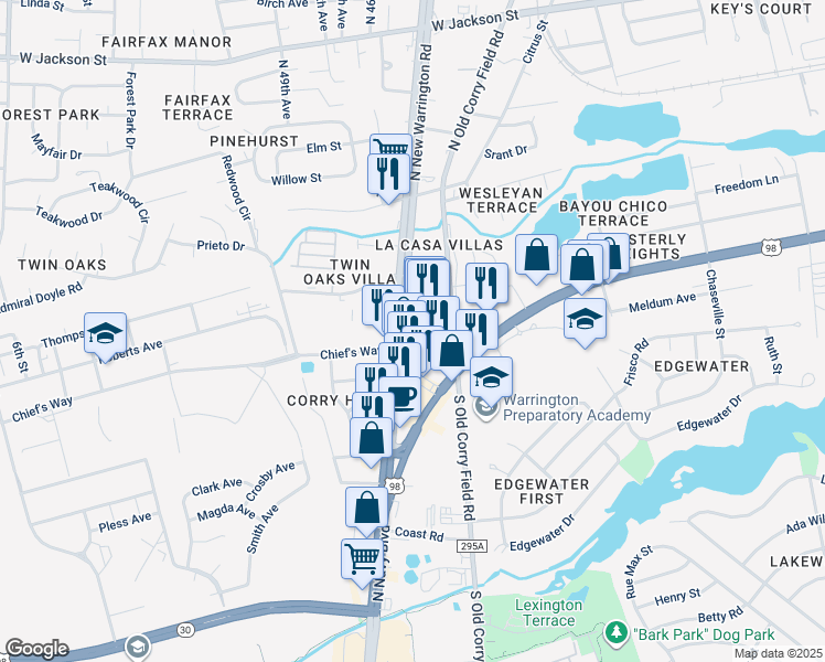 map of restaurants, bars, coffee shops, grocery stores, and more near 120 Chief's Way in Pensacola