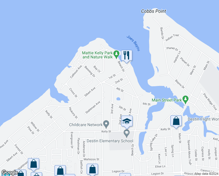 map of restaurants, bars, coffee shops, grocery stores, and more near 602 4th Street in Destin