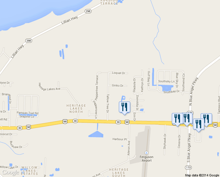 map of restaurants, bars, coffee shops, grocery stores, and more near 9855 Ginko Drive in Pensacola