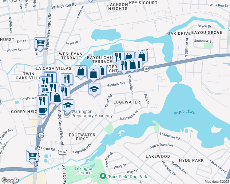 map of restaurants, bars, coffee shops, grocery stores, and more near 326 Frisco Road in Pensacola