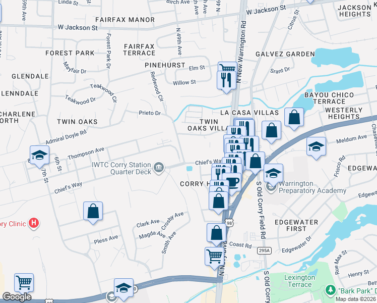 map of restaurants, bars, coffee shops, grocery stores, and more near 4710 Prieto Drive in Pensacola