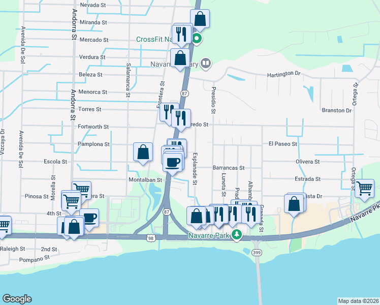 map of restaurants, bars, coffee shops, grocery stores, and more near 8456 Coastal Breeze Court in Navarre