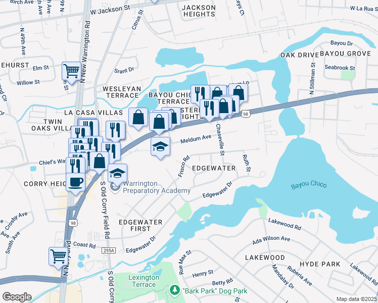 map of restaurants, bars, coffee shops, grocery stores, and more near 326 Frisco Road in Pensacola