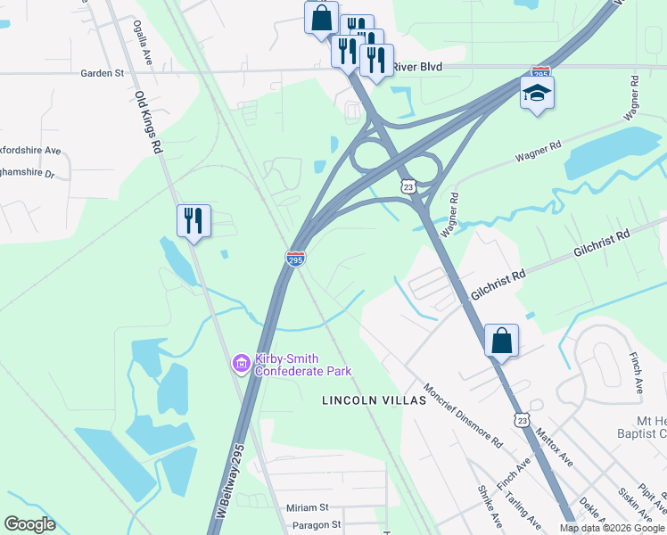 map of restaurants, bars, coffee shops, grocery stores, and more near 8567 Moncrief Dinsmore Road in Jacksonville