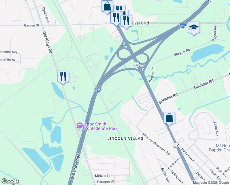 map of restaurants, bars, coffee shops, grocery stores, and more near 8567 Moncrief Dinsmore Road in Jacksonville