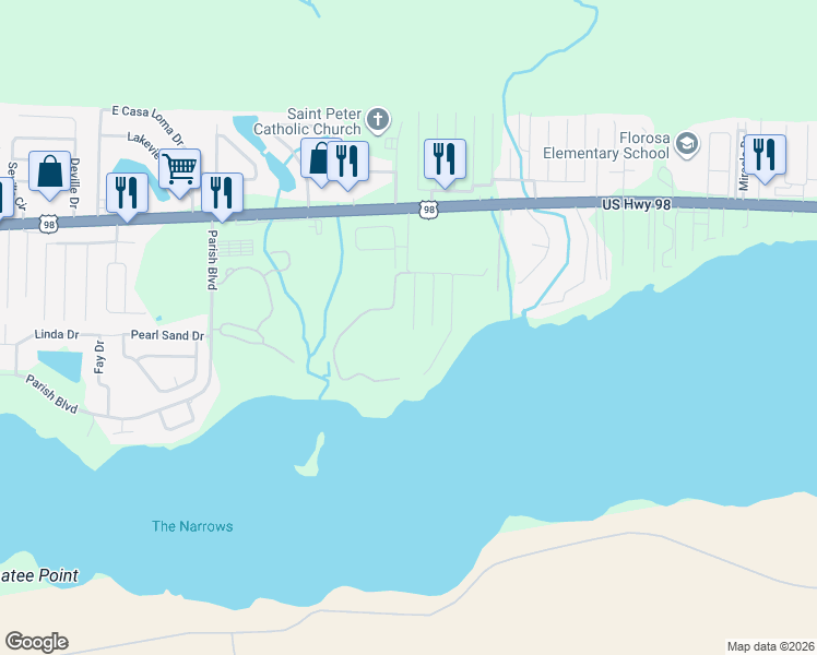 map of restaurants, bars, coffee shops, grocery stores, and more near 118 Dolphin Road in Mary Esther