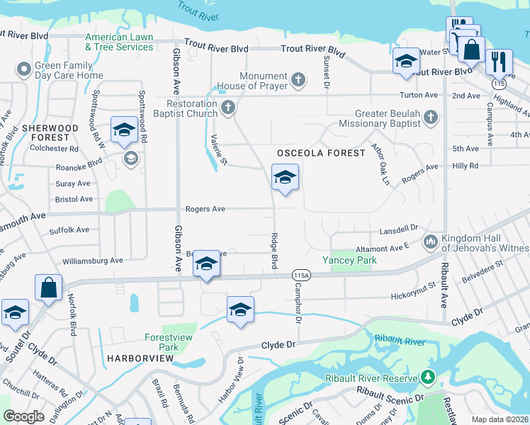 map of restaurants, bars, coffee shops, grocery stores, and more near 9248 Ridge Boulevard in Jacksonville
