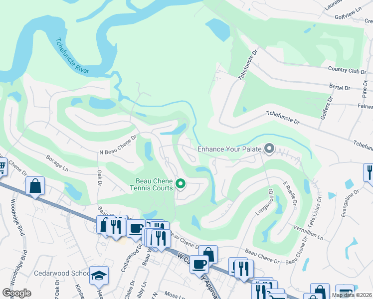map of restaurants, bars, coffee shops, grocery stores, and more near 119 Catalpa Lane in Mandeville