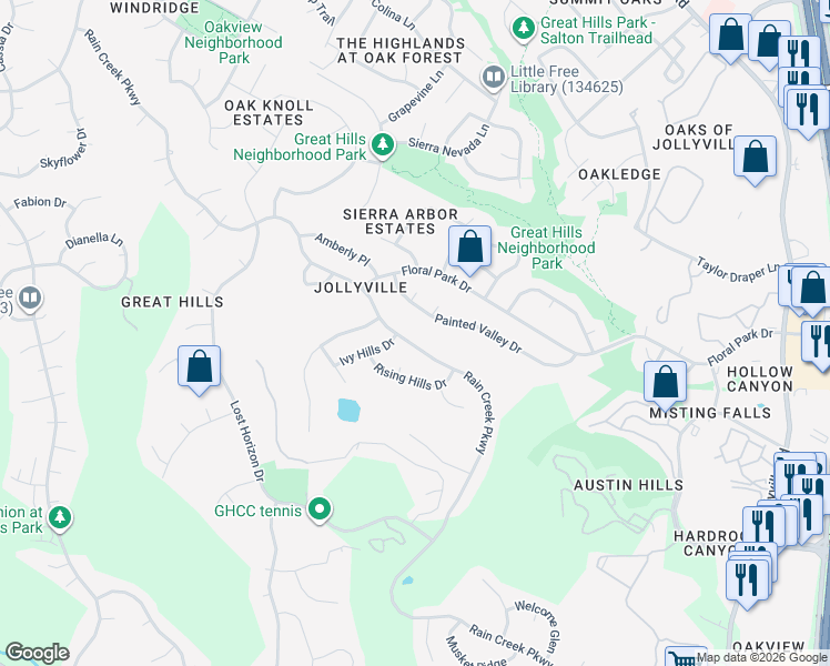 map of restaurants, bars, coffee shops, grocery stores, and more near 5904 Rain Creek Parkway in Austin