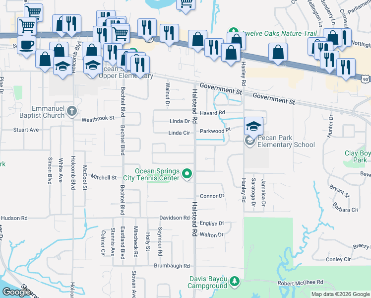 map of restaurants, bars, coffee shops, grocery stores, and more near 106 Earle Taylor Lane in Ocean Springs