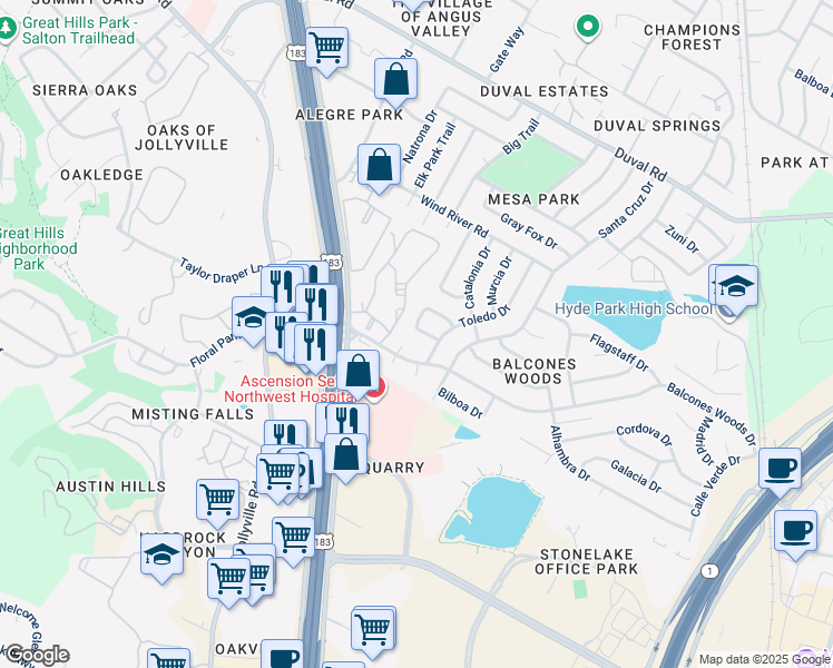 map of restaurants, bars, coffee shops, grocery stores, and more near 4807 Gerona Drive in Austin
