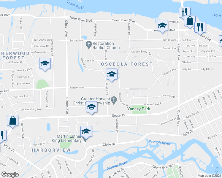 map of restaurants, bars, coffee shops, grocery stores, and more near 3634 Rogers Avenue in Jacksonville