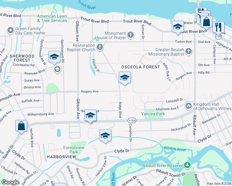 map of restaurants, bars, coffee shops, grocery stores, and more near 9248 Ridge Boulevard in Jacksonville