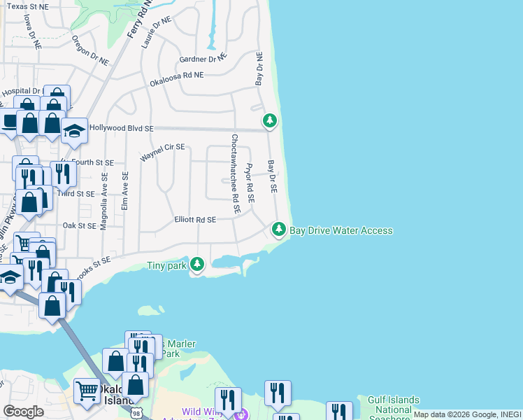 map of restaurants, bars, coffee shops, grocery stores, and more near 35 Pryor Road Southeast in Fort Walton Beach