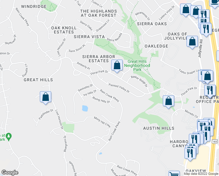 map of restaurants, bars, coffee shops, grocery stores, and more near 5809 Painted Valley Dr in Austin