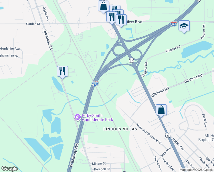 map of restaurants, bars, coffee shops, grocery stores, and more near 8567 Moncrief Dinsmore Road in Jacksonville