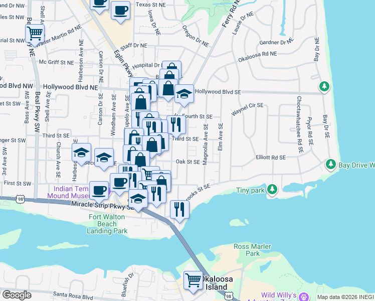 map of restaurants, bars, coffee shops, grocery stores, and more near 107 Alder Avenue Southeast in Fort Walton Beach