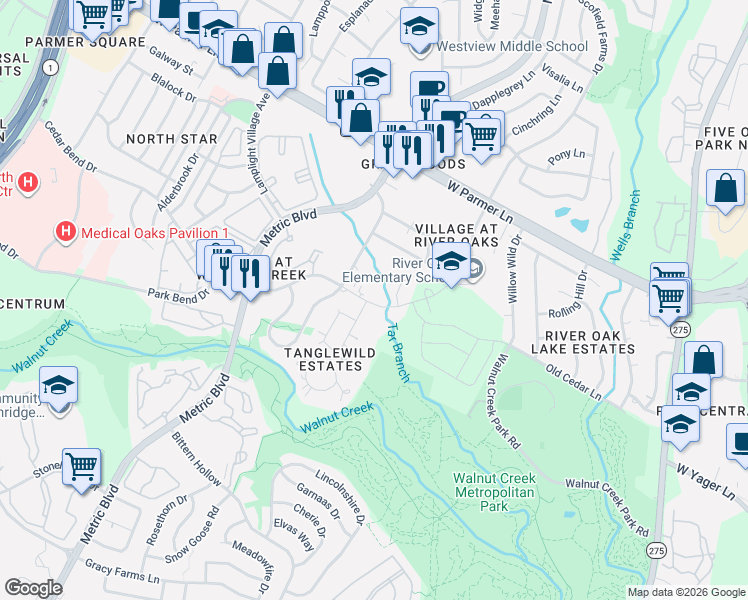 map of restaurants, bars, coffee shops, grocery stores, and more near 1704 Cedar Bend Drive in Austin