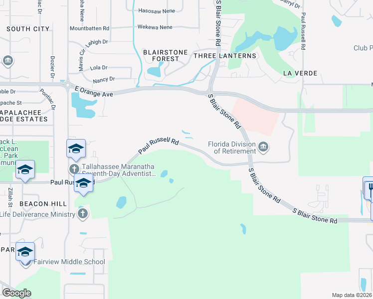 map of restaurants, bars, coffee shops, grocery stores, and more near 1515 Paul Russell Road in Tallahassee