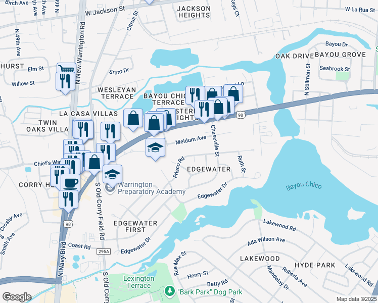map of restaurants, bars, coffee shops, grocery stores, and more near 326 Frisco Road in Pensacola