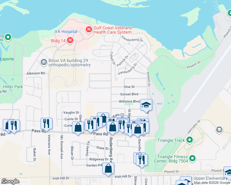 map of restaurants, bars, coffee shops, grocery stores, and more near 1688 Sunset Boulevard in Biloxi