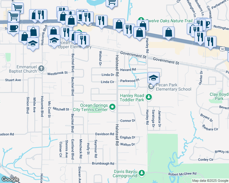 map of restaurants, bars, coffee shops, grocery stores, and more near 108 Earle Taylor Lane in Ocean Springs