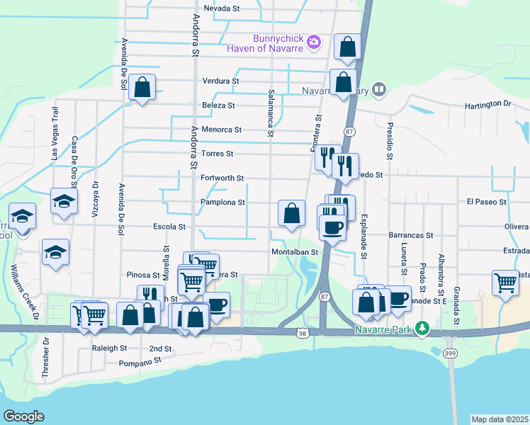 map of restaurants, bars, coffee shops, grocery stores, and more near 2025 Salamanca Street in Navarre