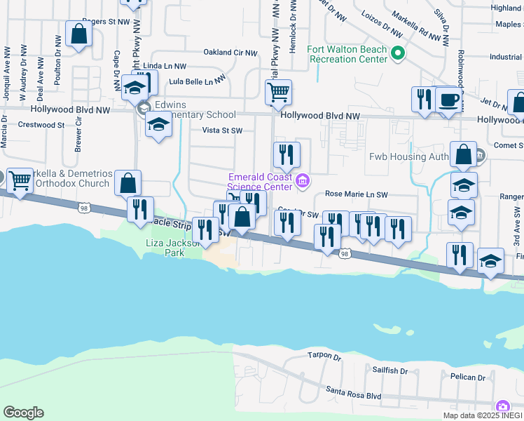 map of restaurants, bars, coffee shops, grocery stores, and more near 302 Coral Drive Southwest in Fort Walton Beach