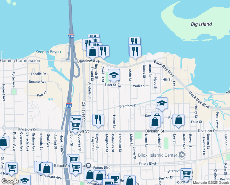 map of restaurants, bars, coffee shops, grocery stores, and more near 771 Elder Street in Biloxi