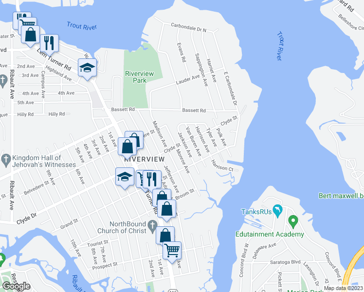 map of restaurants, bars, coffee shops, grocery stores, and more near 1706 Clyde Street in Jacksonville
