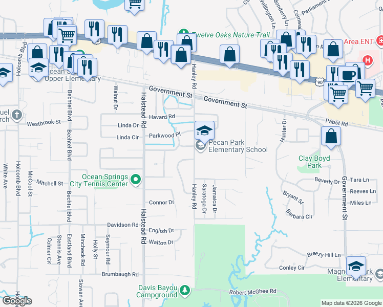 map of restaurants, bars, coffee shops, grocery stores, and more near 446 Hanley Road in Ocean Springs