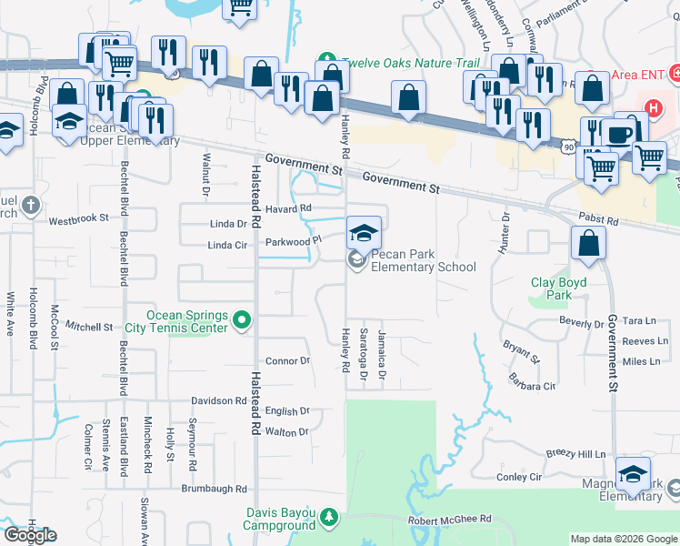 map of restaurants, bars, coffee shops, grocery stores, and more near 446 Hanley Rd in Ocean Springs