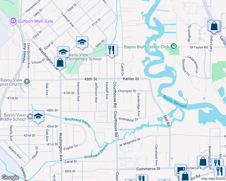 map of restaurants, bars, coffee shops, grocery stores, and more near 1502 Champlin Street in Gulfport
