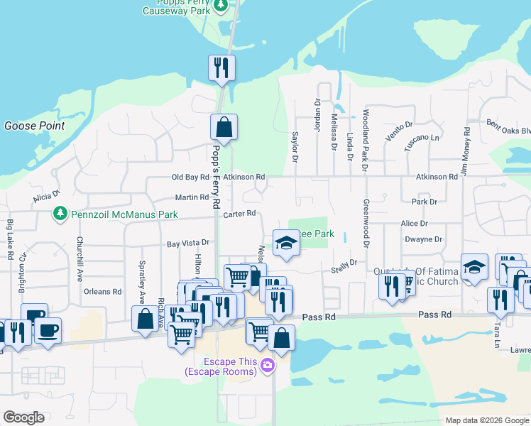 map of restaurants, bars, coffee shops, grocery stores, and more near 2367 Carter Road in Biloxi