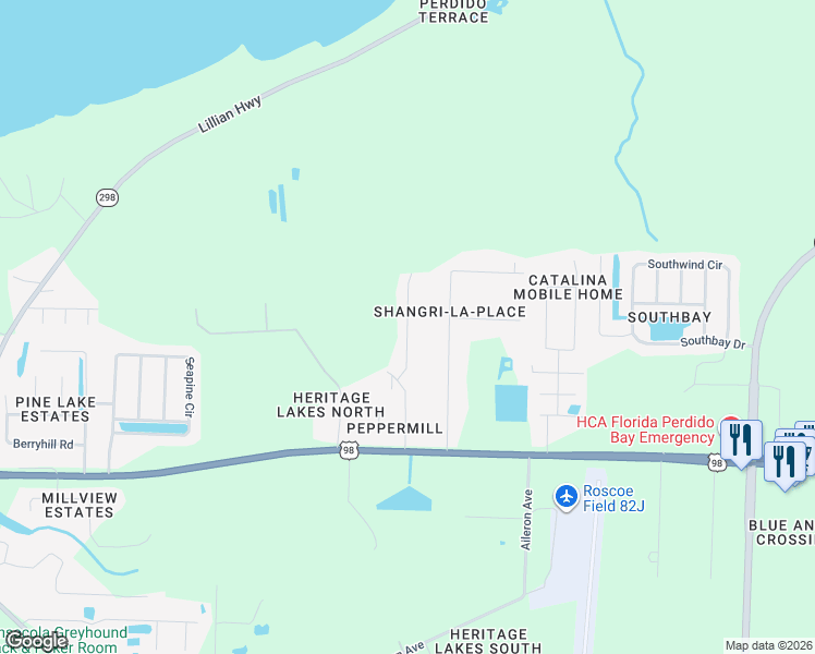 map of restaurants, bars, coffee shops, grocery stores, and more near 436 Peppertree Terrace in Pensacola