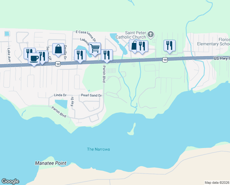 map of restaurants, bars, coffee shops, grocery stores, and more near 717 Marsh Harbor Dr in Mary Esther