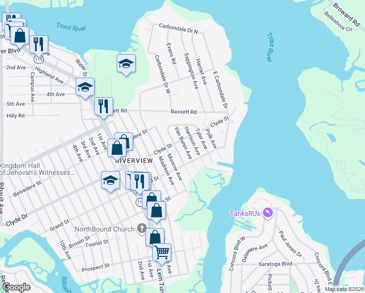 map of restaurants, bars, coffee shops, grocery stores, and more near 9061 Van Buren Avenue in Jacksonville