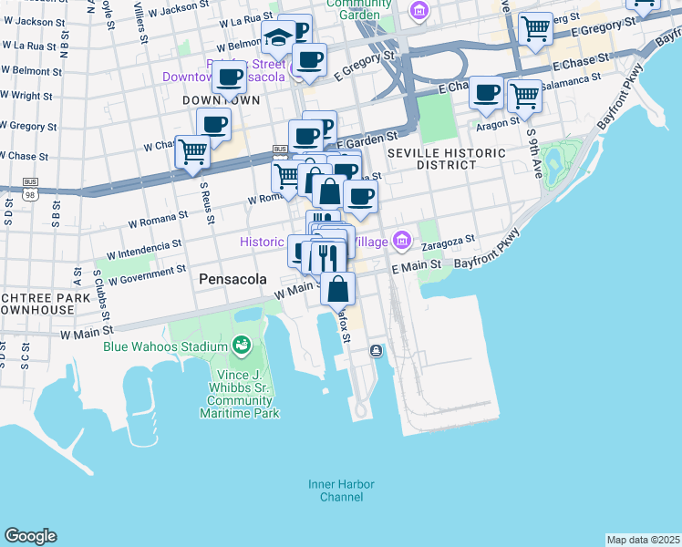 map of restaurants, bars, coffee shops, grocery stores, and more near 404 South Palafox Street in Pensacola