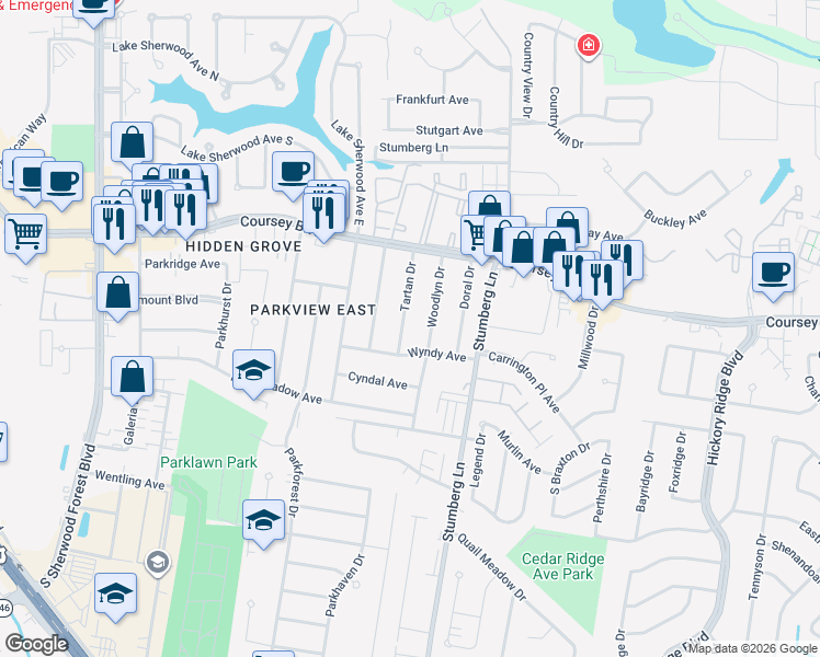 map of restaurants, bars, coffee shops, grocery stores, and more near 4801 Tartan Drive in Baton Rouge
