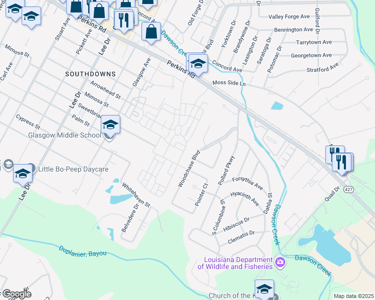map of restaurants, bars, coffee shops, grocery stores, and more near 5347 Mimosa Street in Baton Rouge