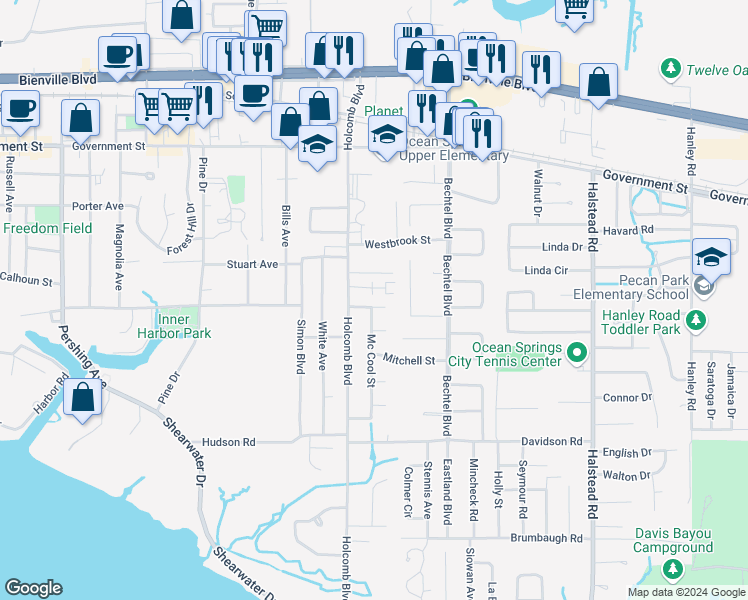 map of restaurants, bars, coffee shops, grocery stores, and more near 206 Mason Court in Ocean Springs